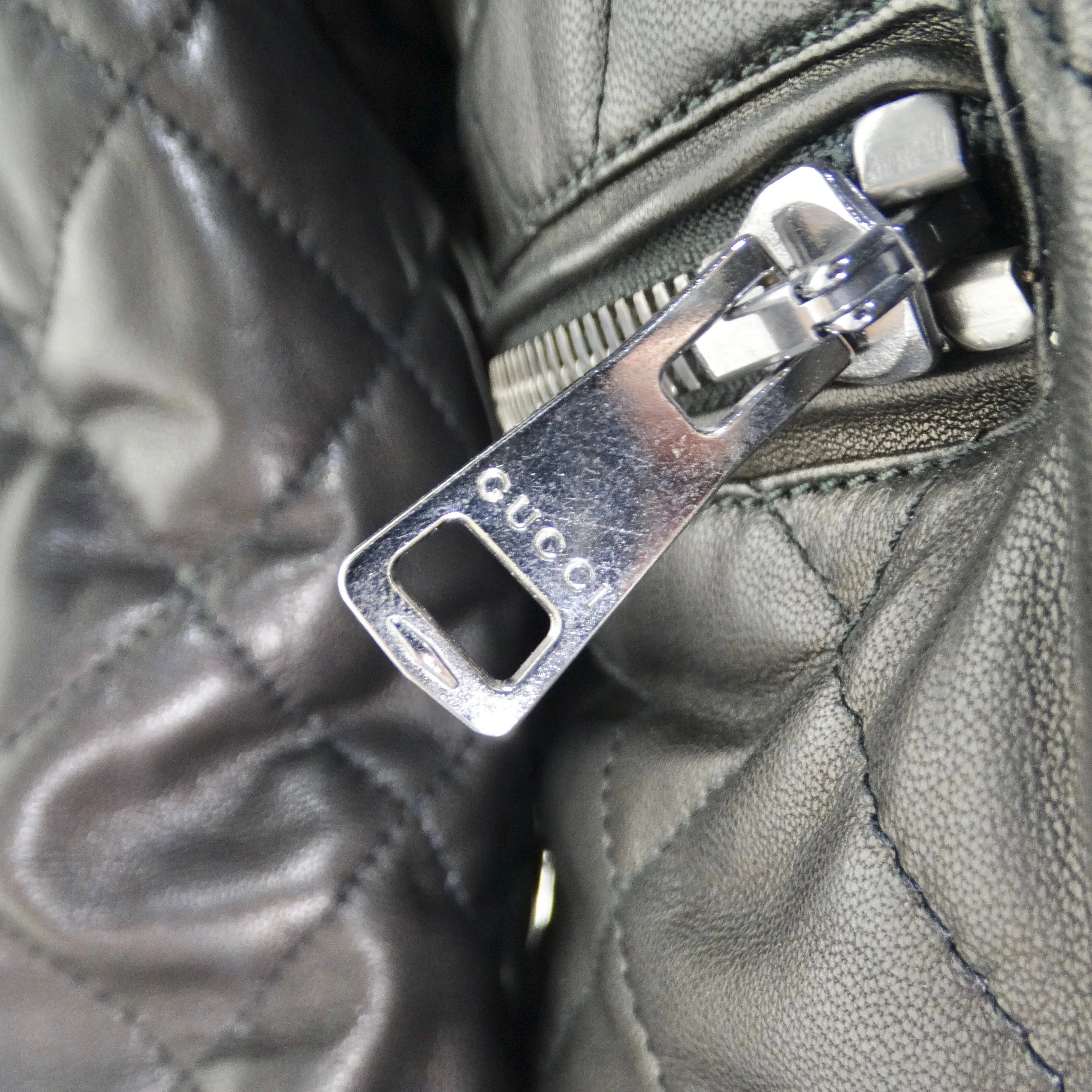 Gucci Black Leather Pearl Logo Moto Jacket