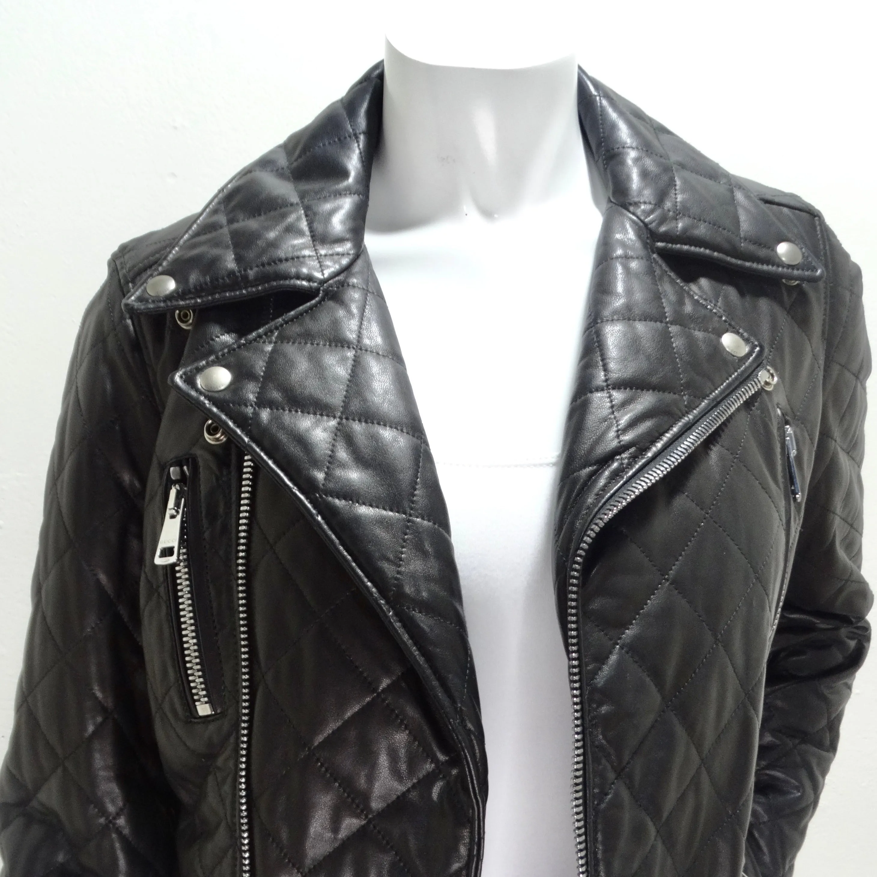 Gucci Black Leather Pearl Logo Moto Jacket