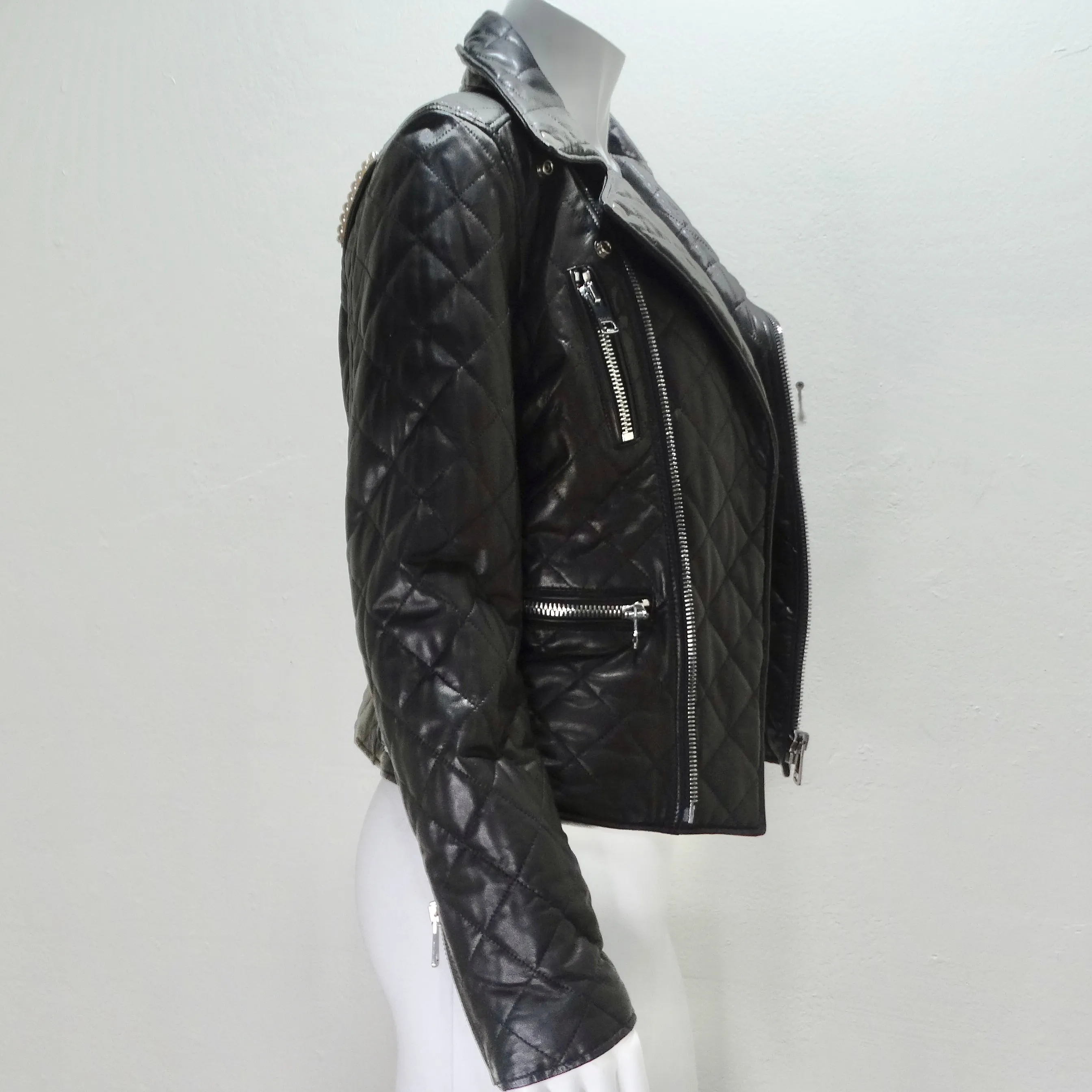 Gucci Black Leather Pearl Logo Moto Jacket