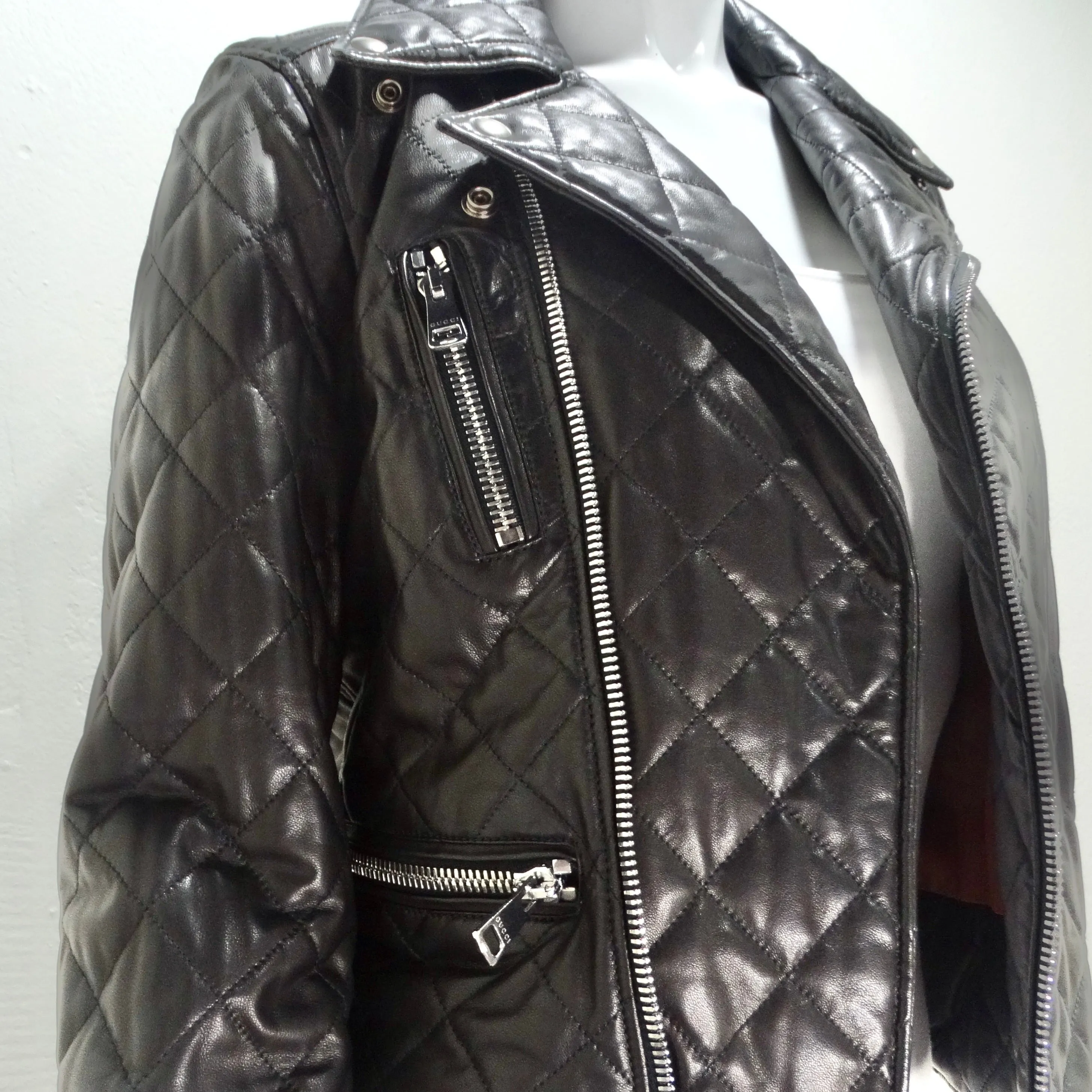 Gucci Black Leather Pearl Logo Moto Jacket
