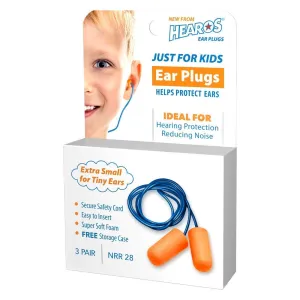 HEAROS Just for Kids NRR 28 Noise Cancelling Ear Plugs, Extra Small Corded Hearing Protection with Storage Case (3 Pairs)