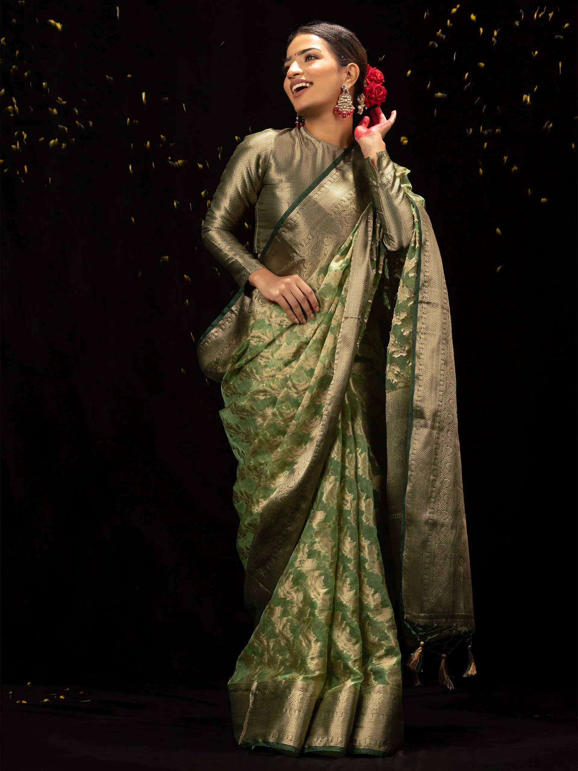 Heena Green Organza Saree with blouse fabric