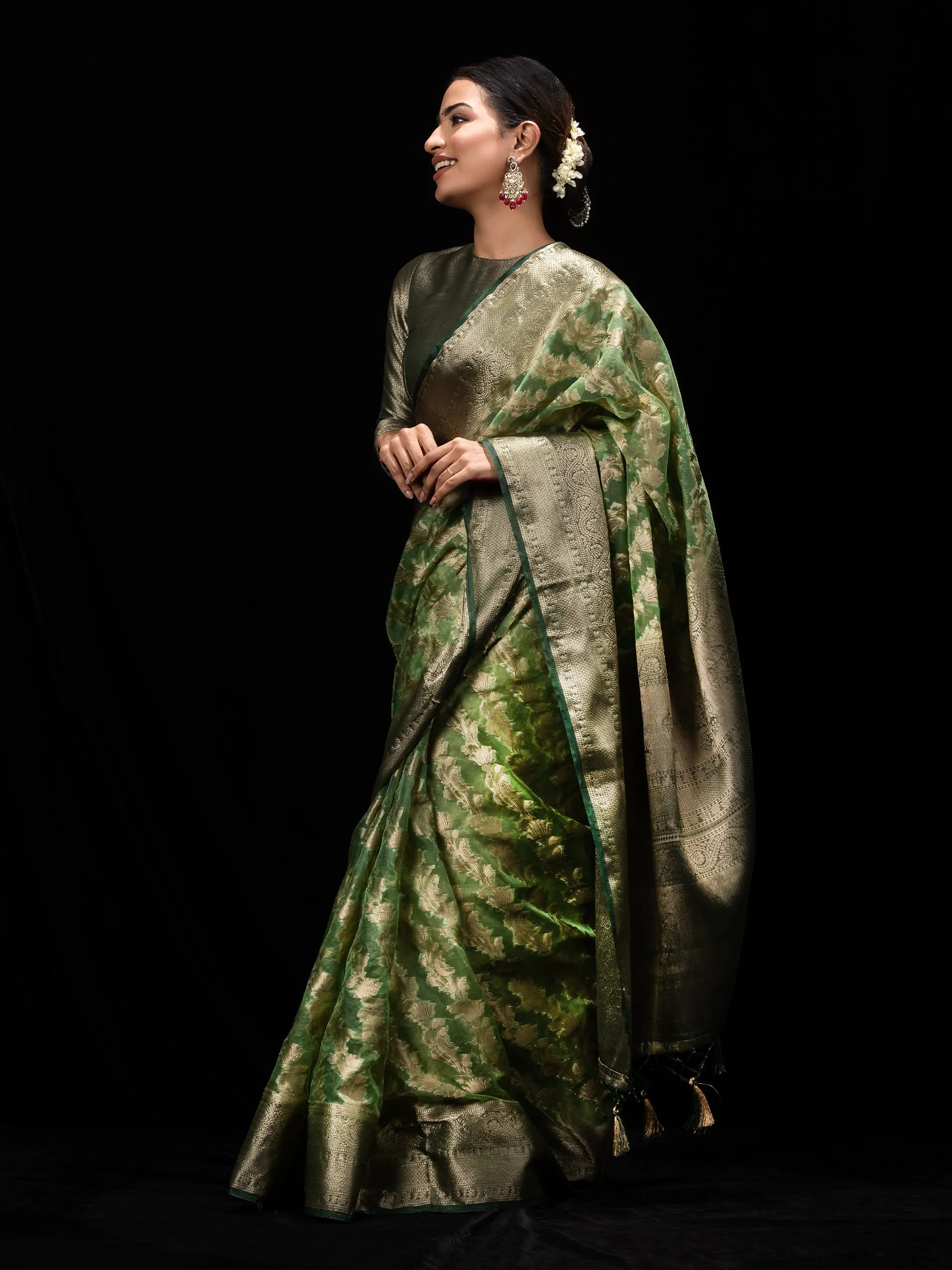 Heena Green Organza Saree with blouse fabric