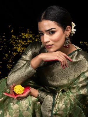 Heena Green Organza Saree with blouse fabric
