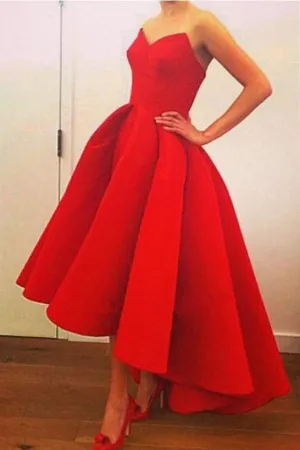 High Low Red Satin A-Line Sweetheart Strapless Long Prom Dress with Ruffles, MP119