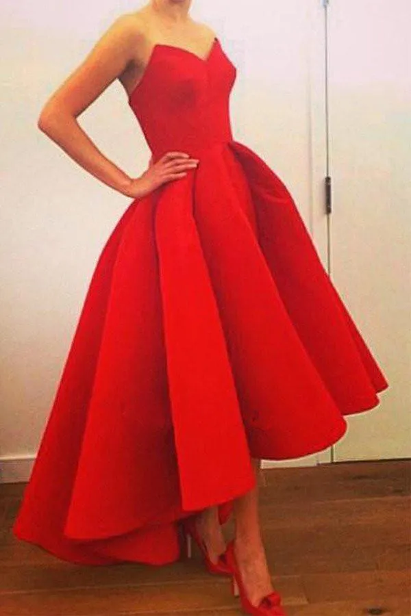 High Low Red Satin A-Line Sweetheart Strapless Long Prom Dress with Ruffles, MP119