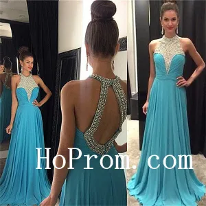 High Neck Prom Dresses,Blue Halter Prom Dress,Evening Dress