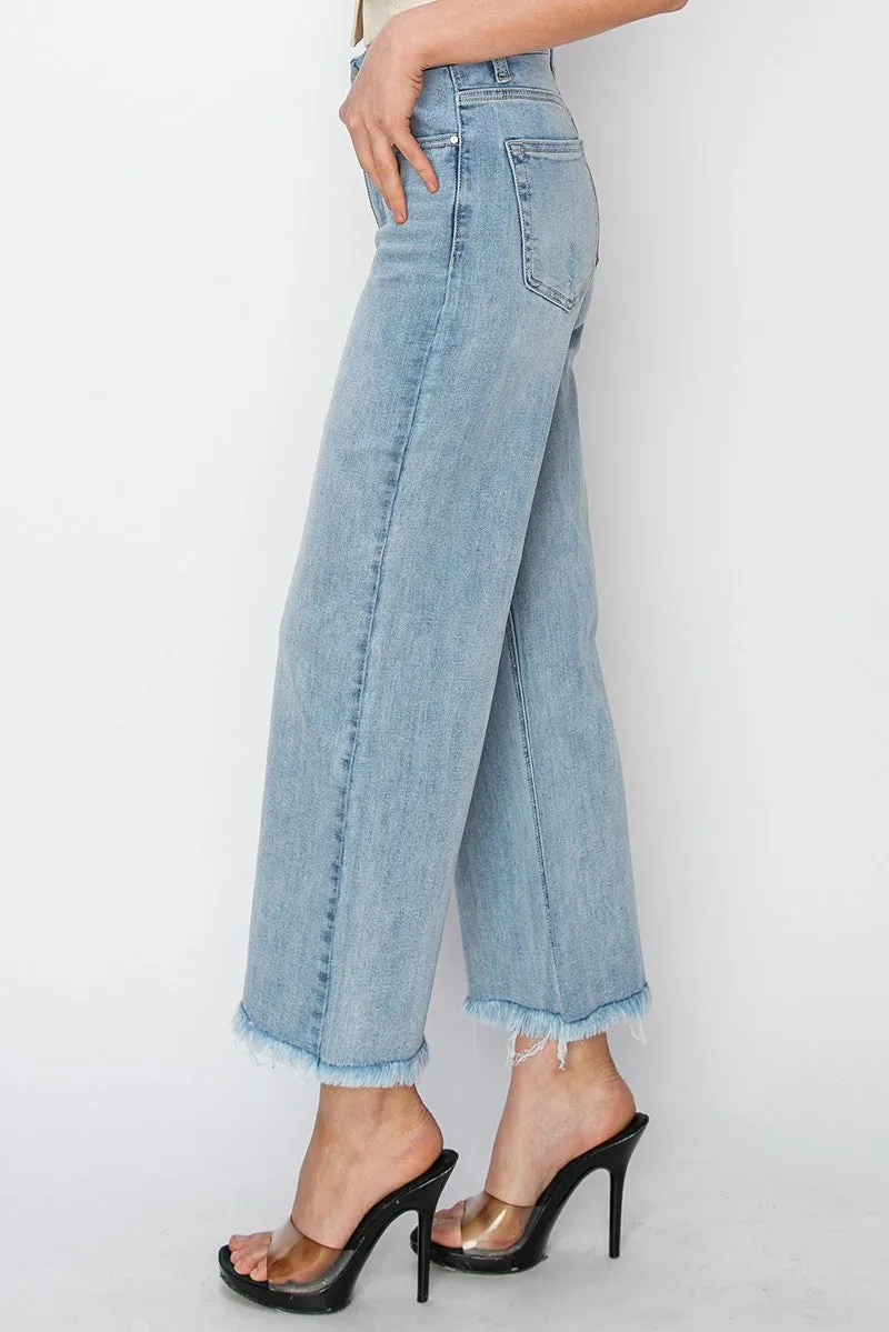 High Rise Frayed Ankle Wide Leg Jeans by Risen