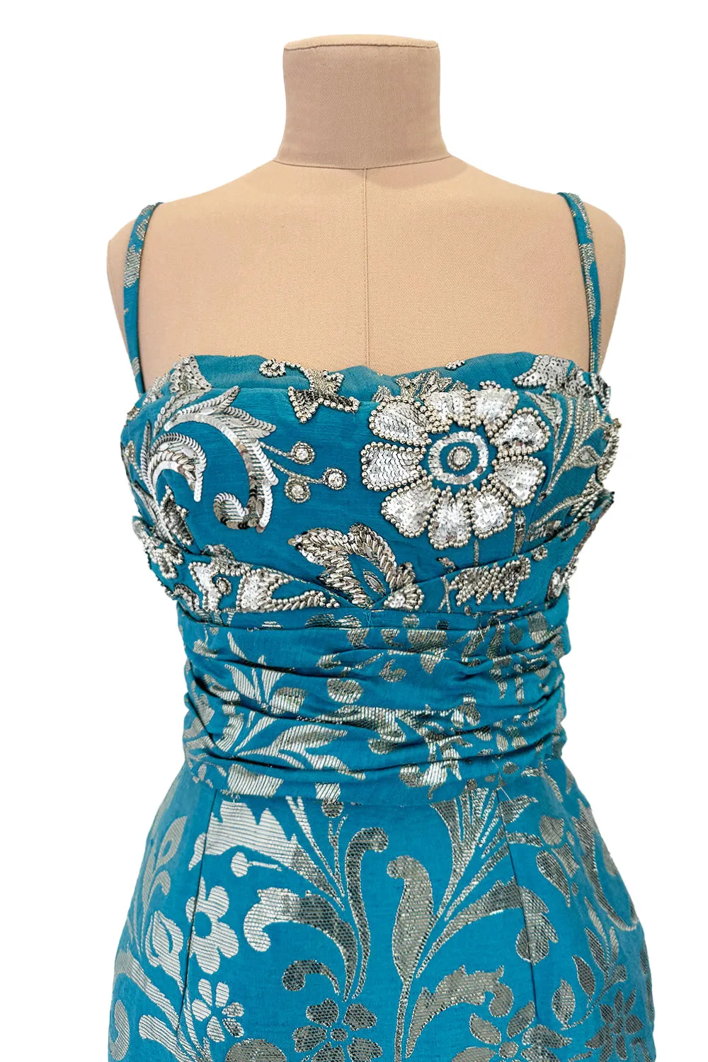Incredible Resort 2008 Christian Dior by John Galliano Blue & Silver Brocade Dress w Beaded Bodice