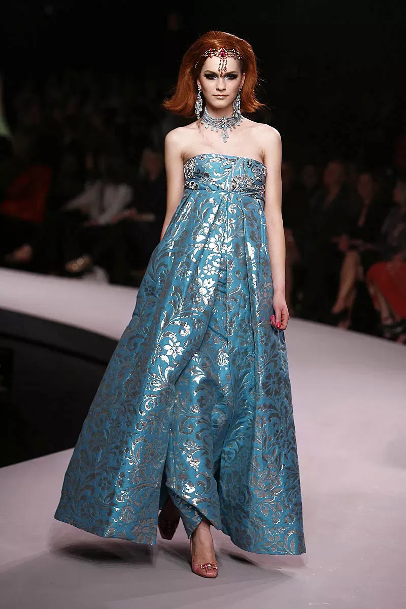 Incredible Resort 2008 Christian Dior by John Galliano Blue & Silver Brocade Dress w Beaded Bodice
