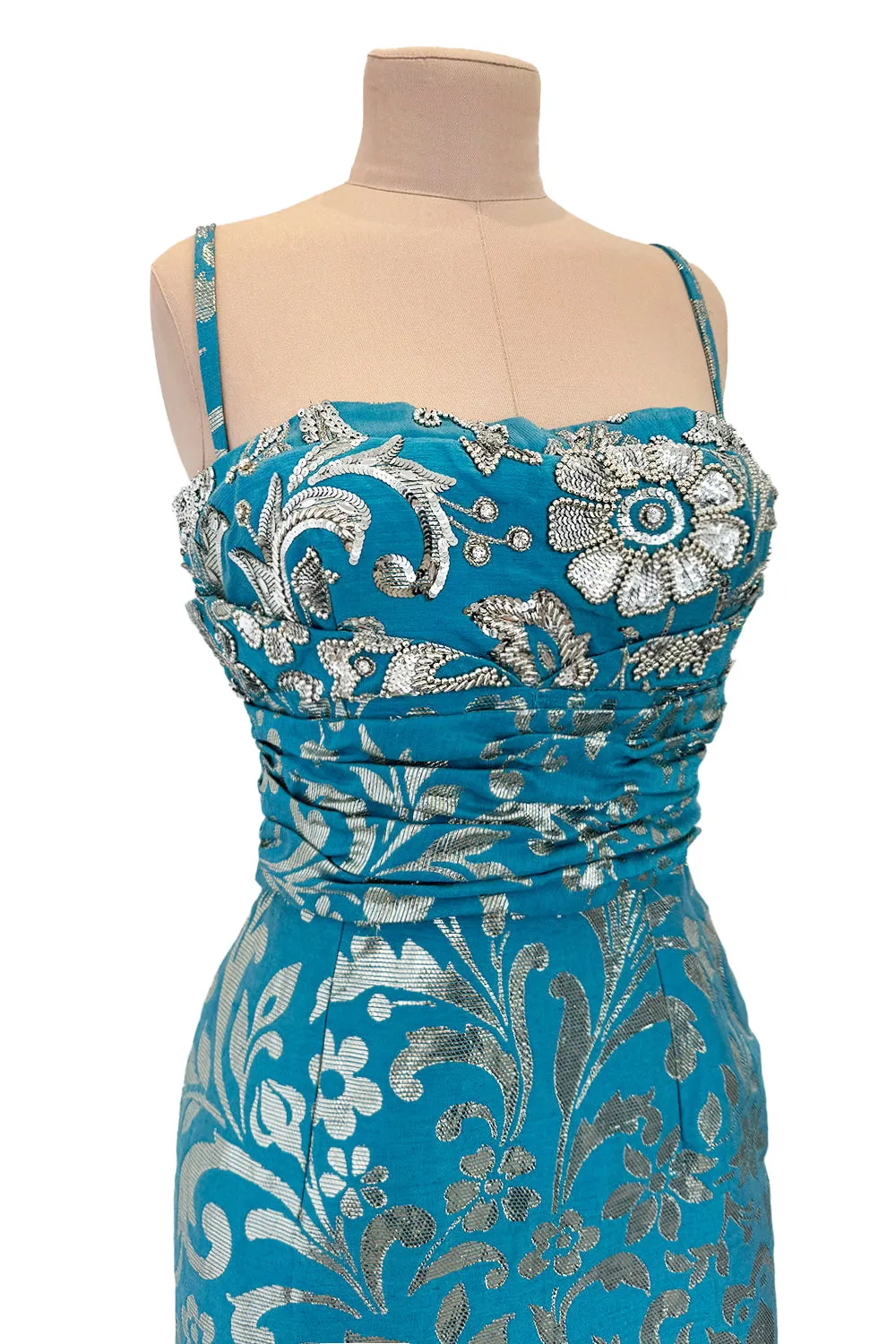 Incredible Resort 2008 Christian Dior by John Galliano Blue & Silver Brocade Dress w Beaded Bodice