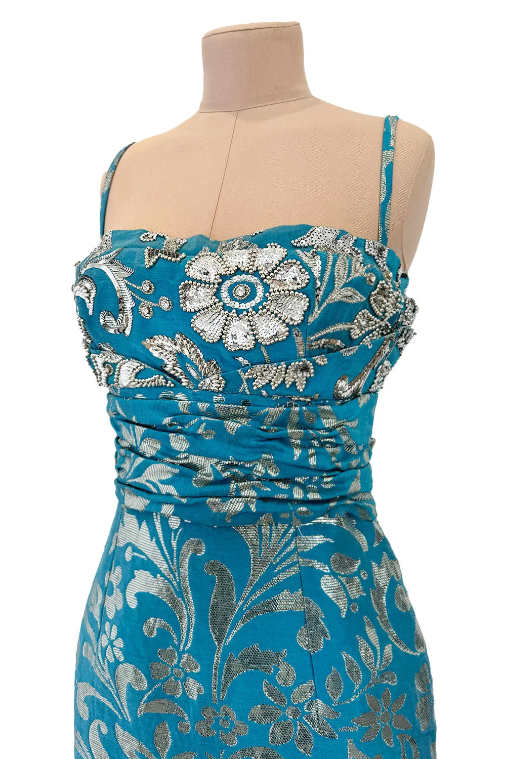 Incredible Resort 2008 Christian Dior by John Galliano Blue & Silver Brocade Dress w Beaded Bodice
