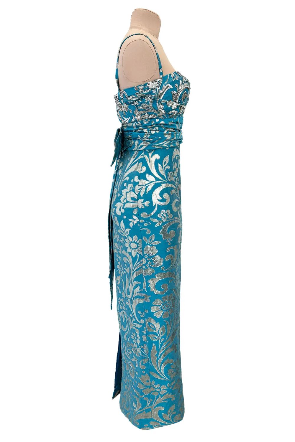 Incredible Resort 2008 Christian Dior by John Galliano Blue & Silver Brocade Dress w Beaded Bodice