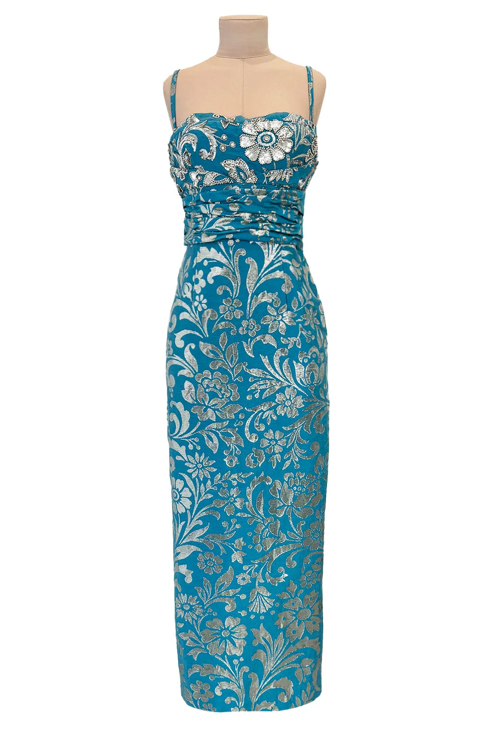 Incredible Resort 2008 Christian Dior by John Galliano Blue & Silver Brocade Dress w Beaded Bodice