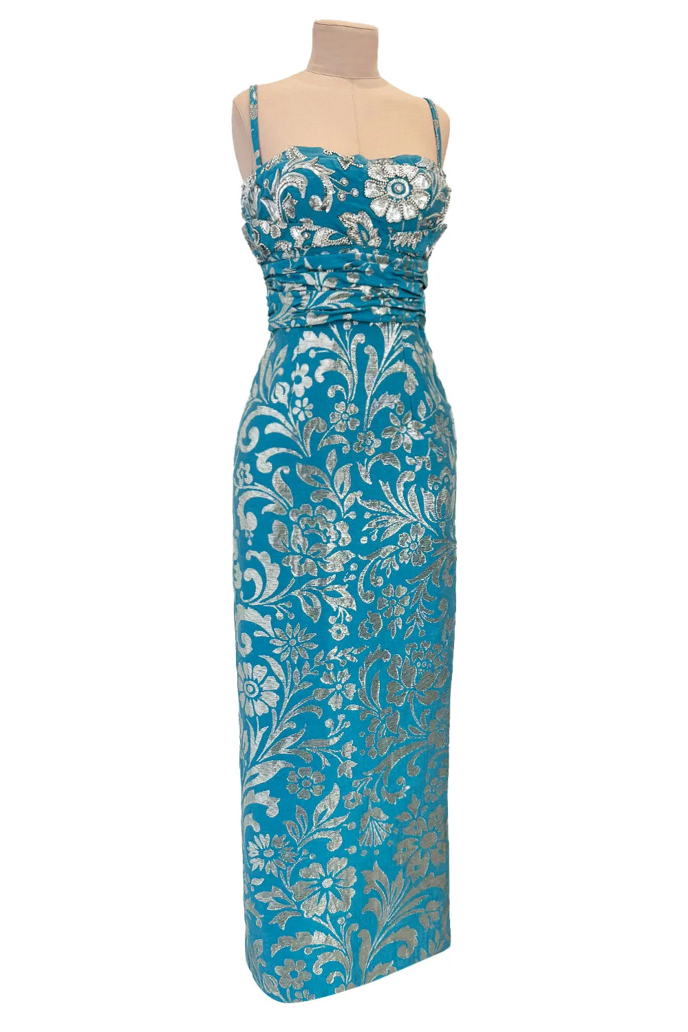 Incredible Resort 2008 Christian Dior by John Galliano Blue & Silver Brocade Dress w Beaded Bodice