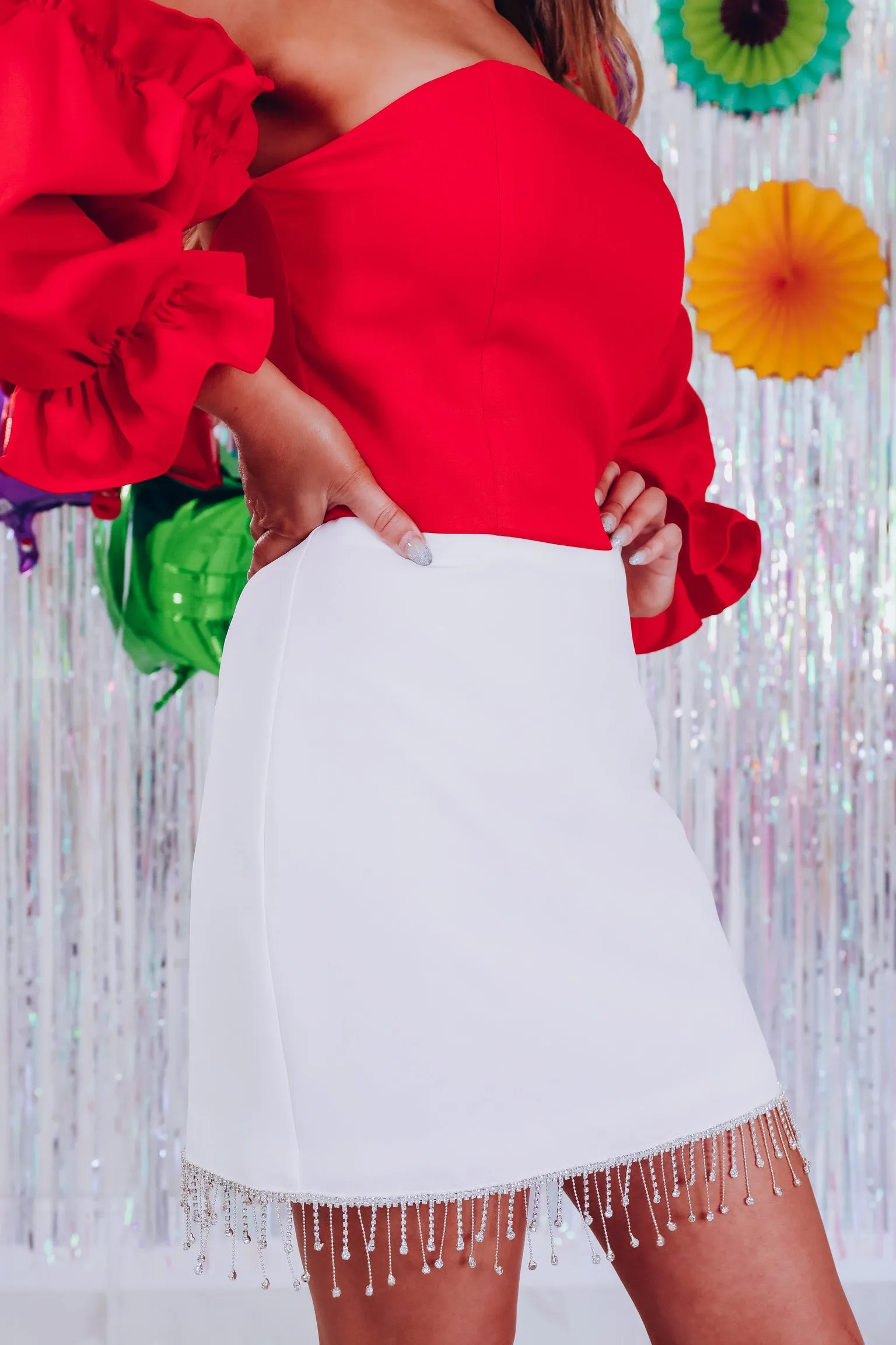 Instant Classic Rhinestone Fringe Mini Skirt - White