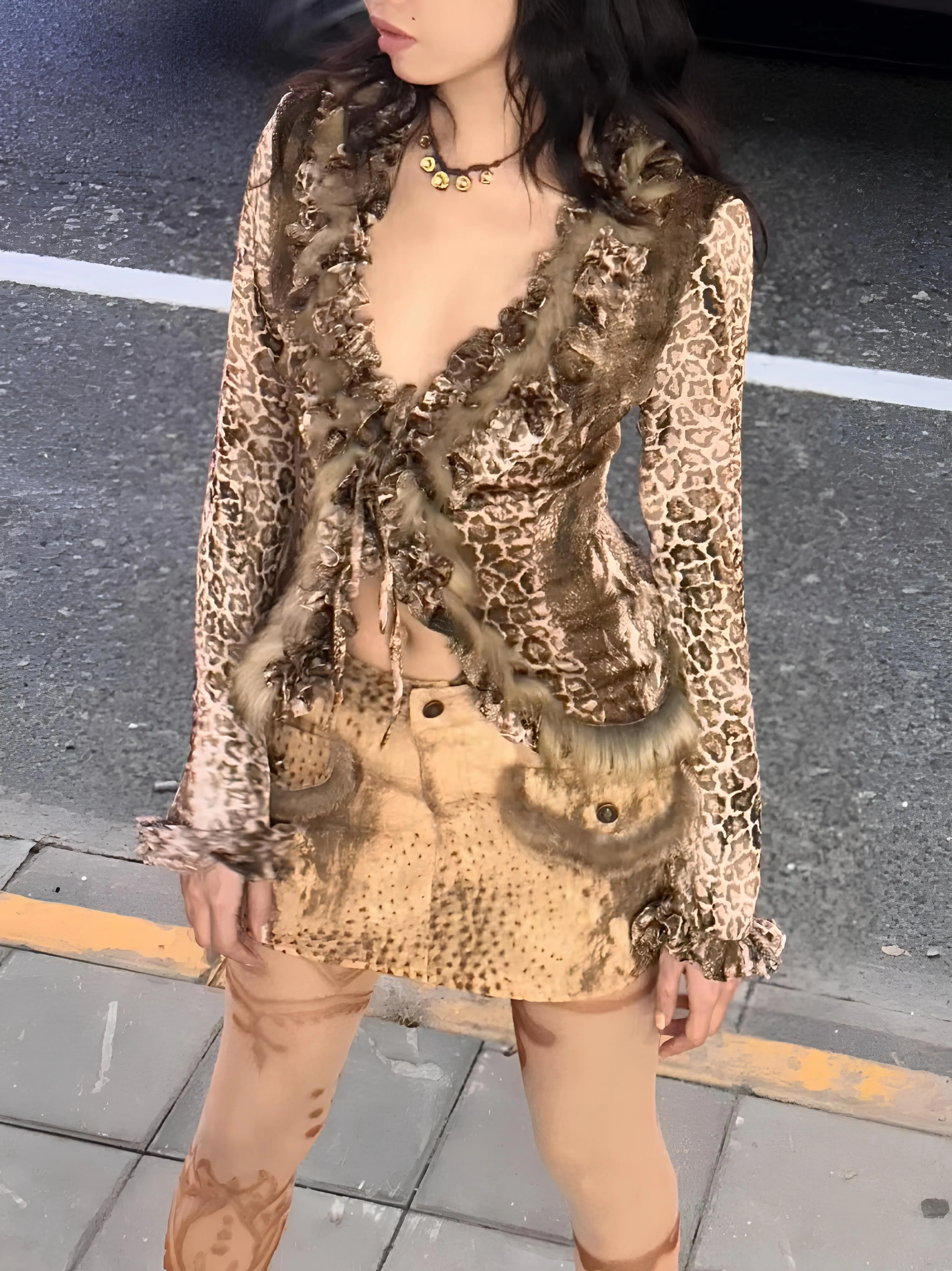 Japanese Y2K Leopard Print Fur Shirt – Vintage Harajuku Grunge Aesthetic