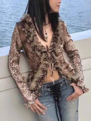 Japanese Y2K Leopard Print Fur Shirt – Vintage Harajuku Grunge Aesthetic