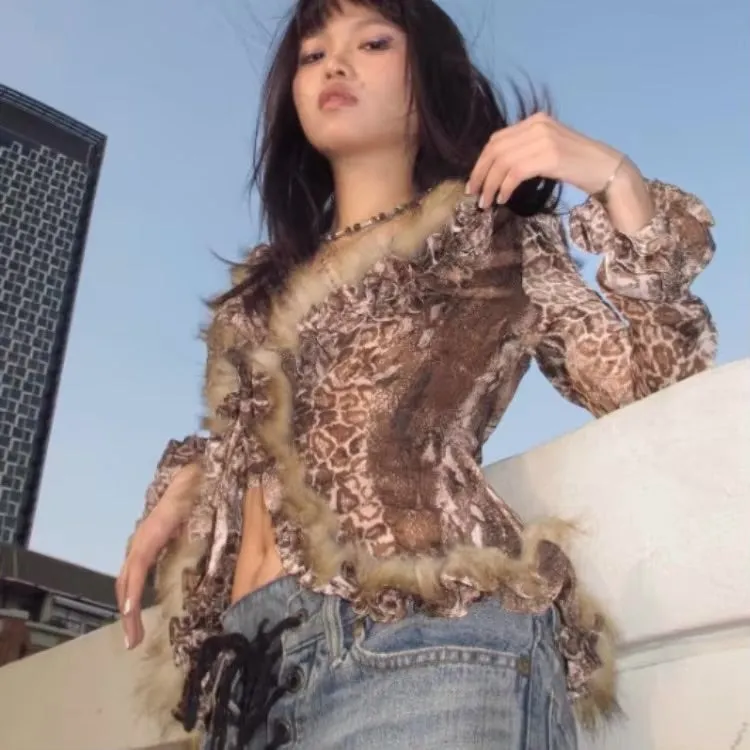 Japanese Y2K Leopard Print Fur Shirt – Vintage Harajuku Grunge Aesthetic