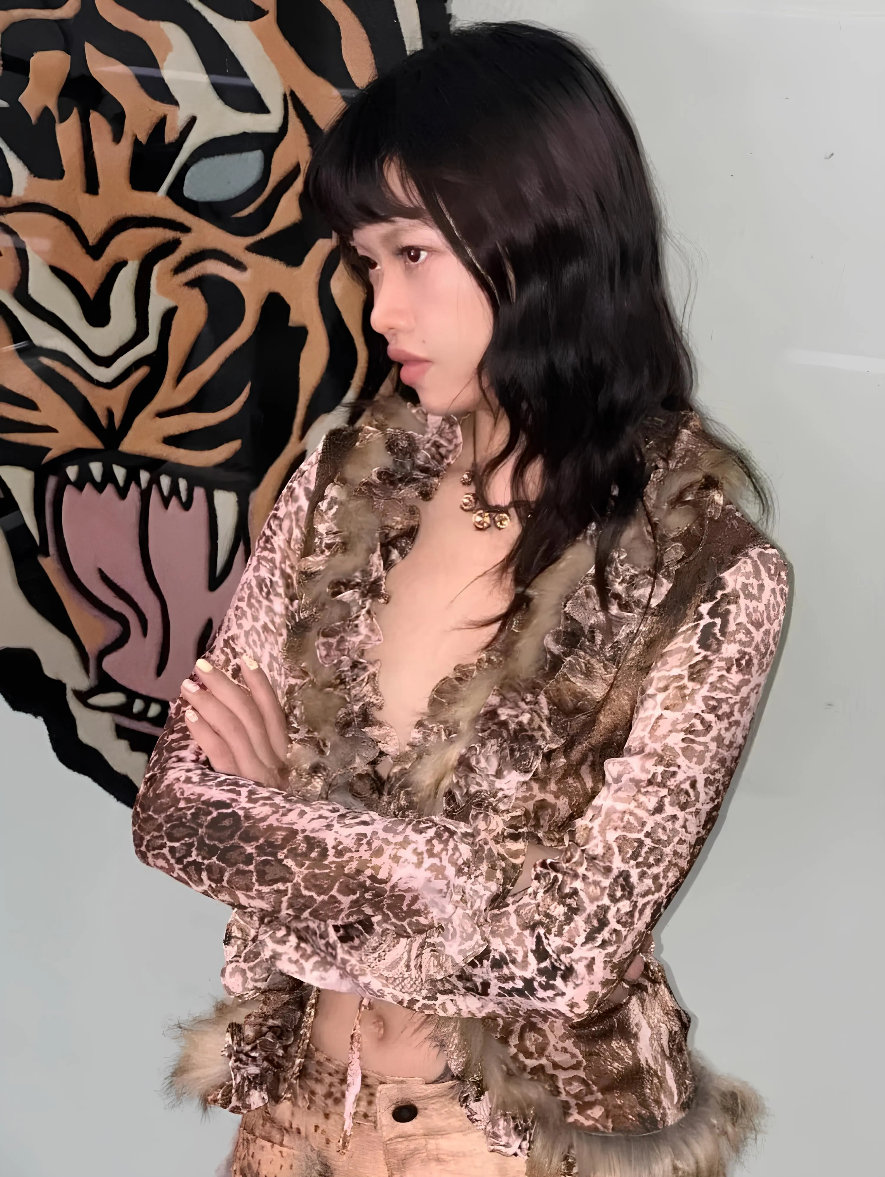 Japanese Y2K Leopard Print Fur Shirt – Vintage Harajuku Grunge Aesthetic