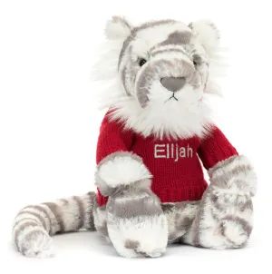 Jellycat Bashful Snow Tiger With Personalised Red Jumper