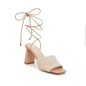 Jessica Simpson Women's Zemura Sandal Beige White Block Heel Tie Up Crochet 8