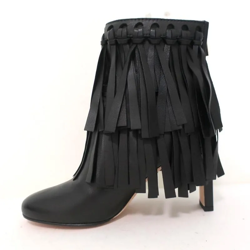Jimmy Choo Fringe Booties Mala Black Leather Size 35 High Heel Ankle Boots