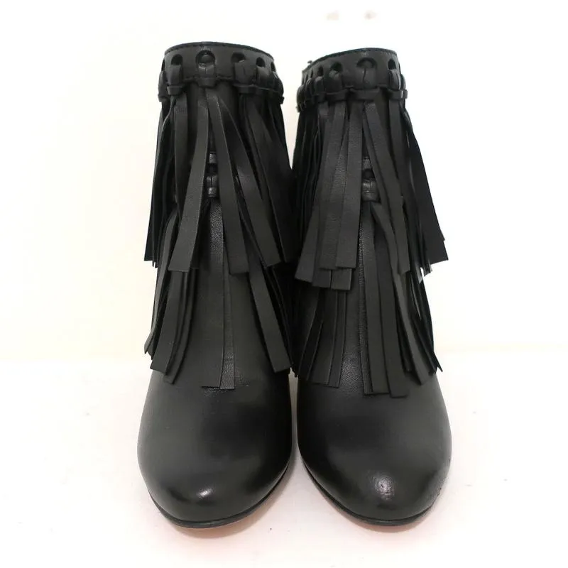 Jimmy Choo Fringe Booties Mala Black Leather Size 35 High Heel Ankle Boots