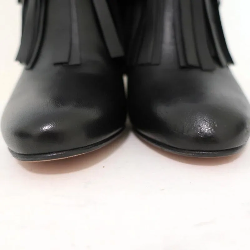 Jimmy Choo Fringe Booties Mala Black Leather Size 35 High Heel Ankle Boots