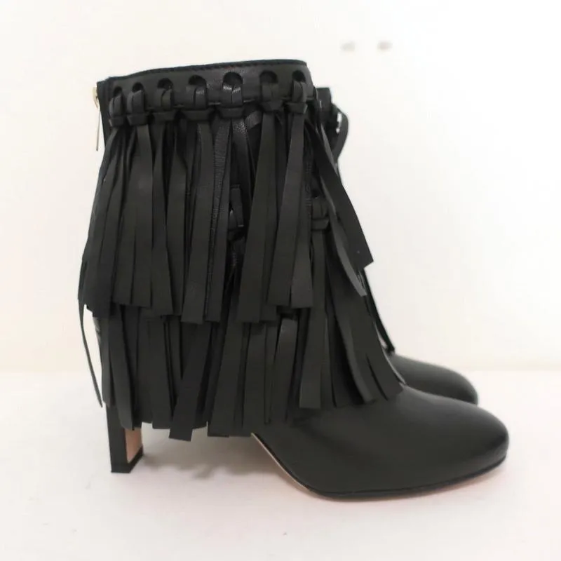 Jimmy Choo Fringe Booties Mala Black Leather Size 35 High Heel Ankle Boots