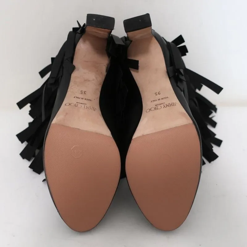 Jimmy Choo Fringe Booties Mala Black Leather Size 35 High Heel Ankle Boots