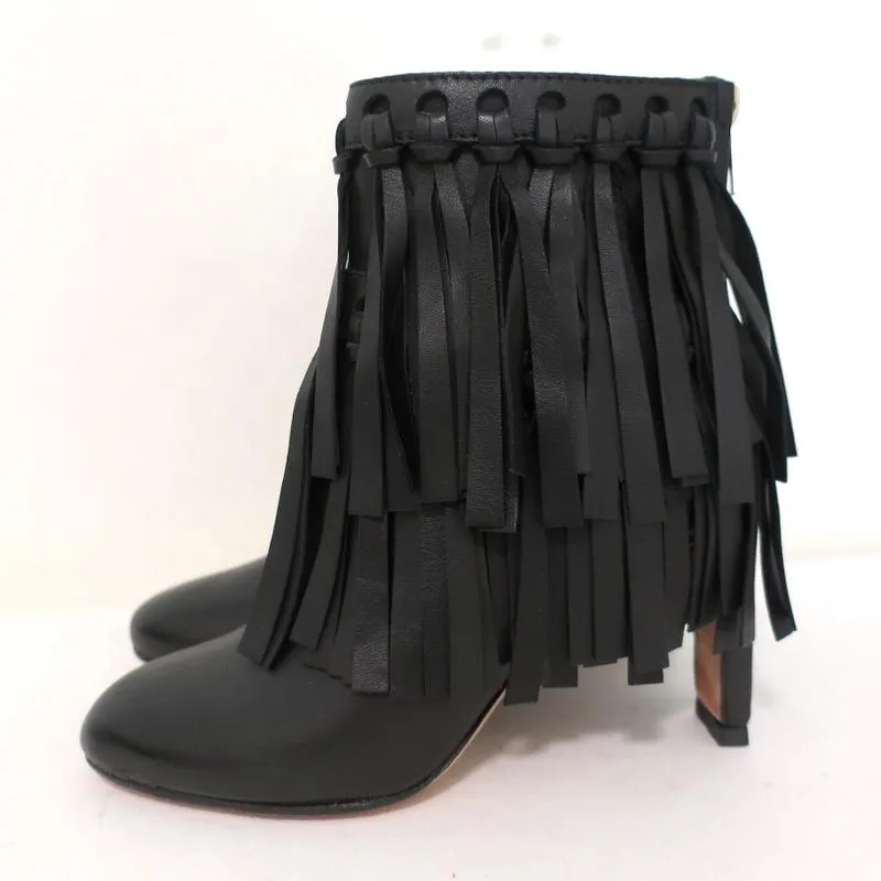 Jimmy Choo Fringe Booties Mala Black Leather Size 35 High Heel Ankle Boots