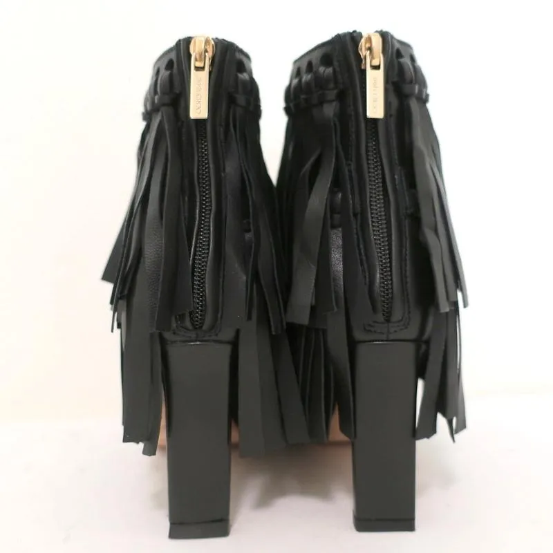 Jimmy Choo Fringe Booties Mala Black Leather Size 35 High Heel Ankle Boots