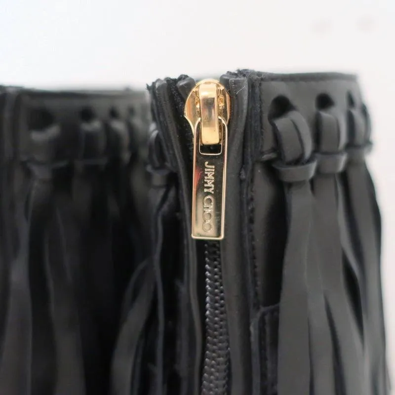 Jimmy Choo Fringe Booties Mala Black Leather Size 35 High Heel Ankle Boots