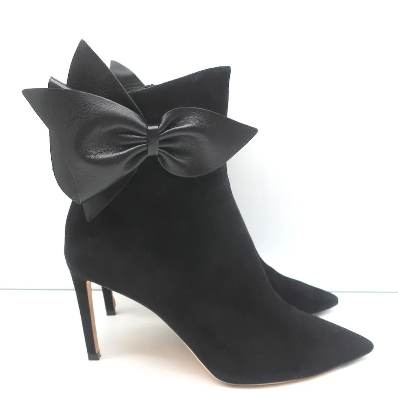 Jimmy Choo Kassidy Bow Ankle Boots Black Suede Size 39 Pointed Toe High Heel