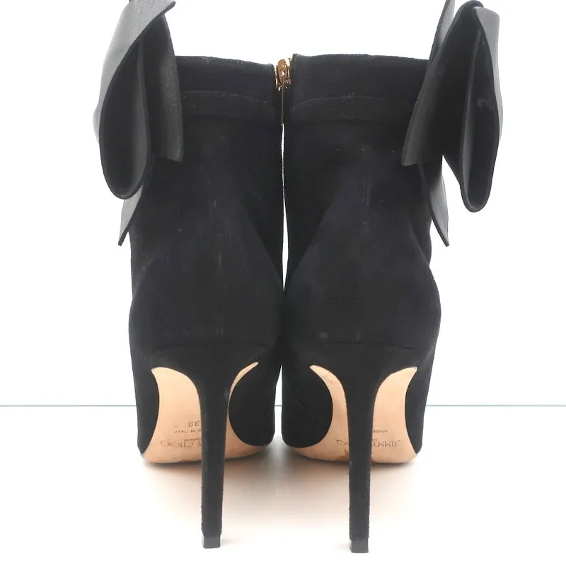 Jimmy Choo Kassidy Bow Ankle Boots Black Suede Size 39 Pointed Toe High Heel