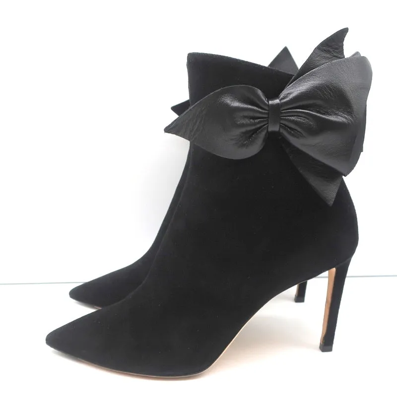 Jimmy Choo Kassidy Bow Ankle Boots Black Suede Size 39 Pointed Toe High Heel