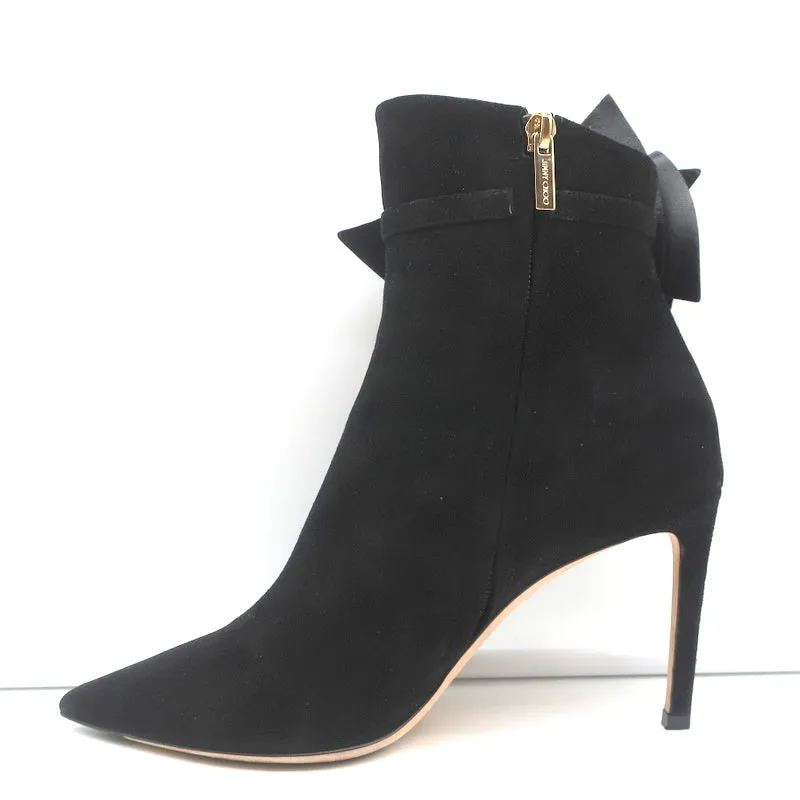 Jimmy Choo Kassidy Bow Ankle Boots Black Suede Size 39 Pointed Toe High Heel