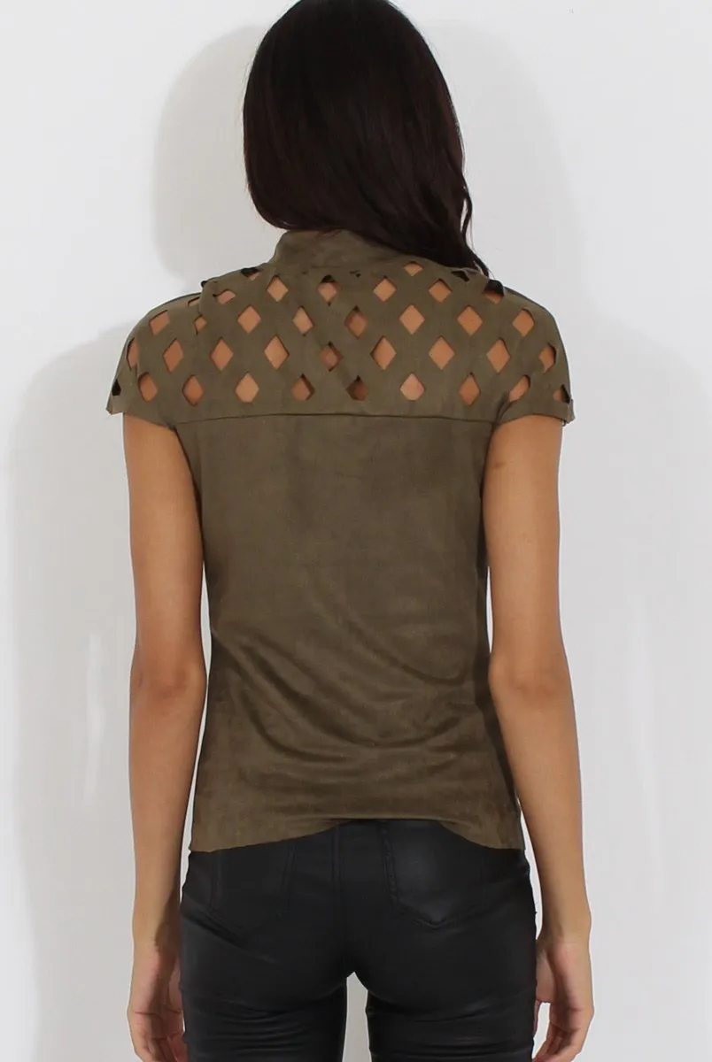Khaki Cage High Neck Suede Top - Lizzie