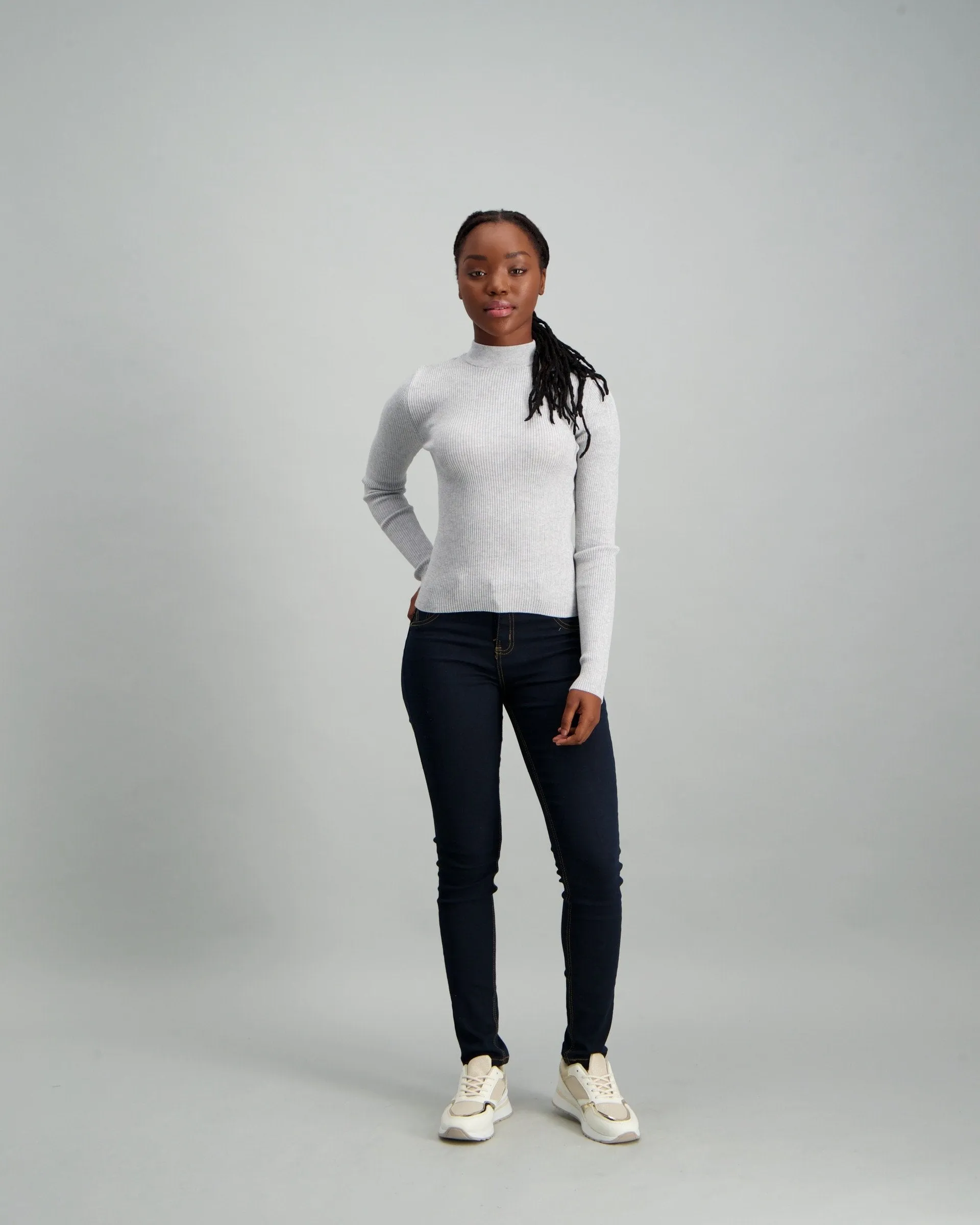 Ladies Skinny Rib Turtleneck Knitwear - Grey