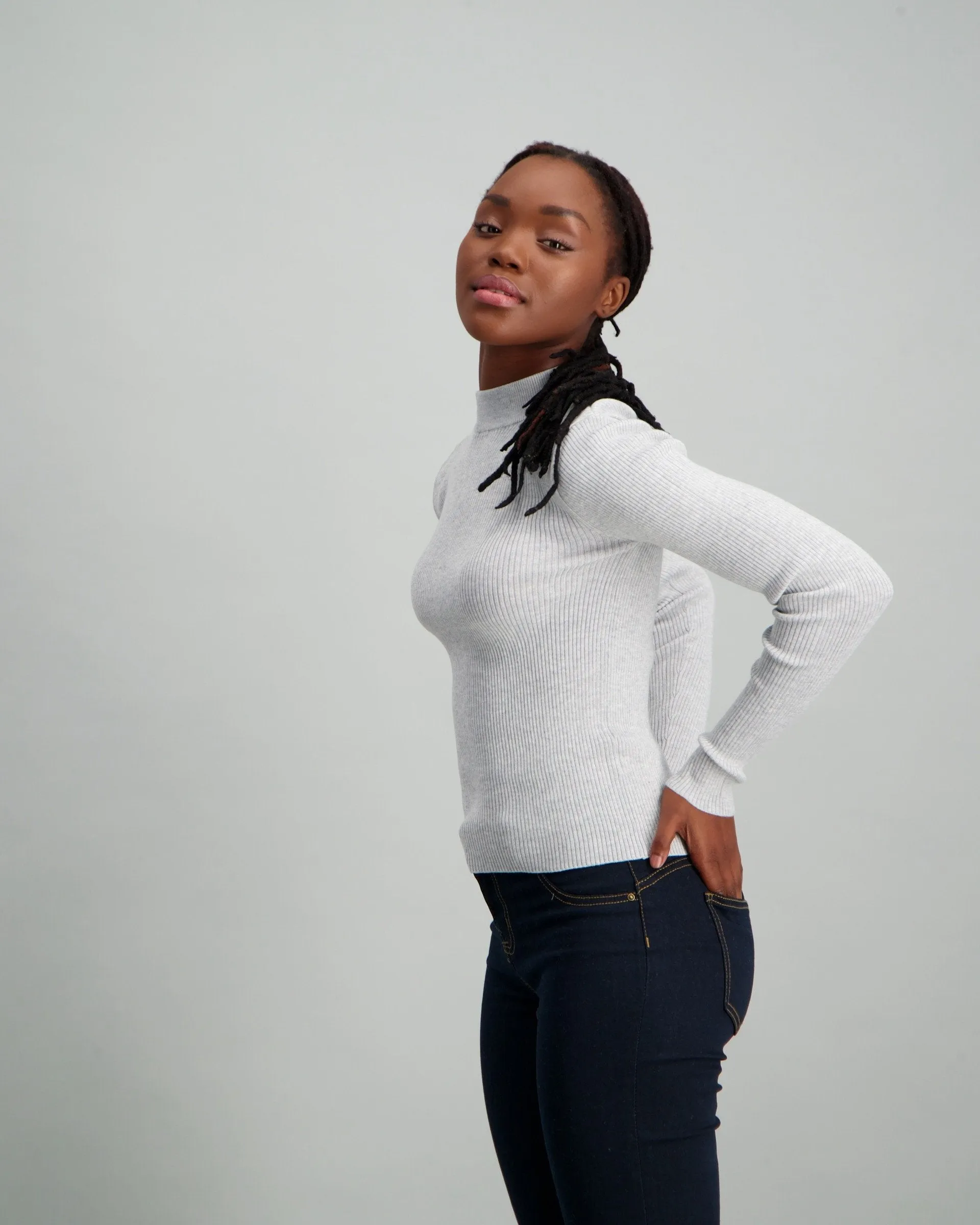 Ladies Skinny Rib Turtleneck Knitwear - Grey
