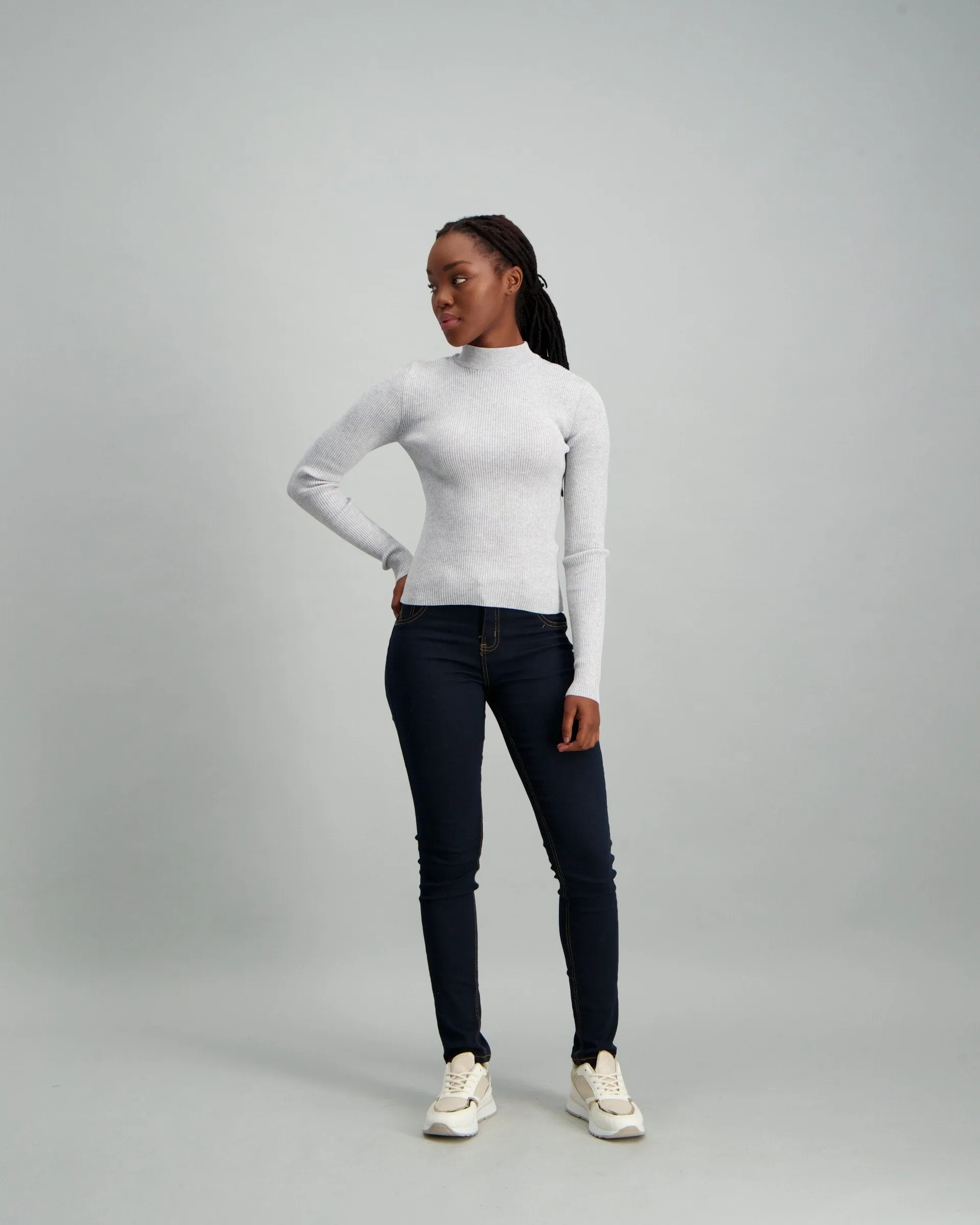 Ladies Skinny Rib Turtleneck Knitwear - Grey