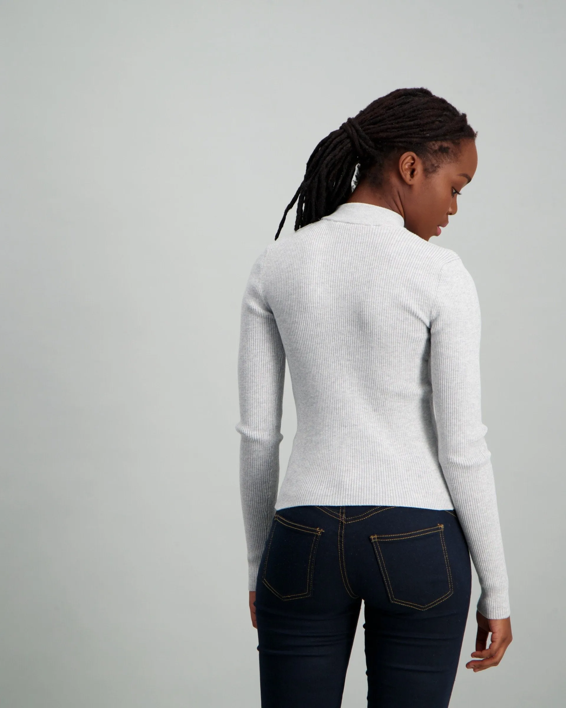 Ladies Skinny Rib Turtleneck Knitwear - Grey
