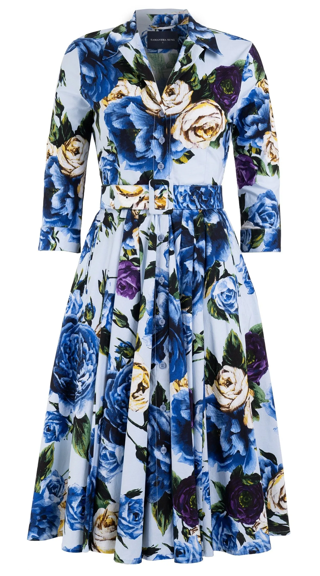 Laurent Dress Shirt Collar 3/4 Sleeve Long Length Cotton Stretch (Peony Kimono All Over)