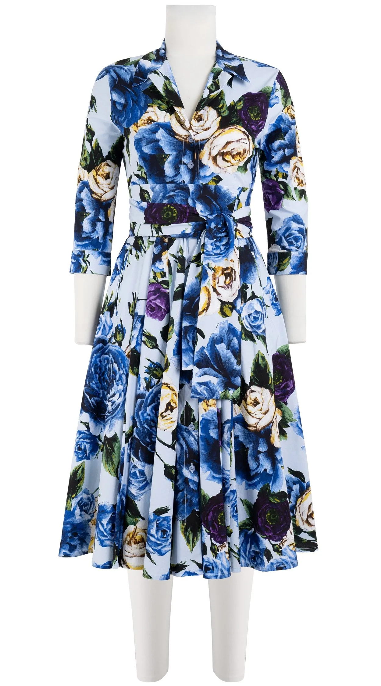 Laurent Dress Shirt Collar 3/4 Sleeve Long Length Cotton Stretch (Peony Kimono All Over)