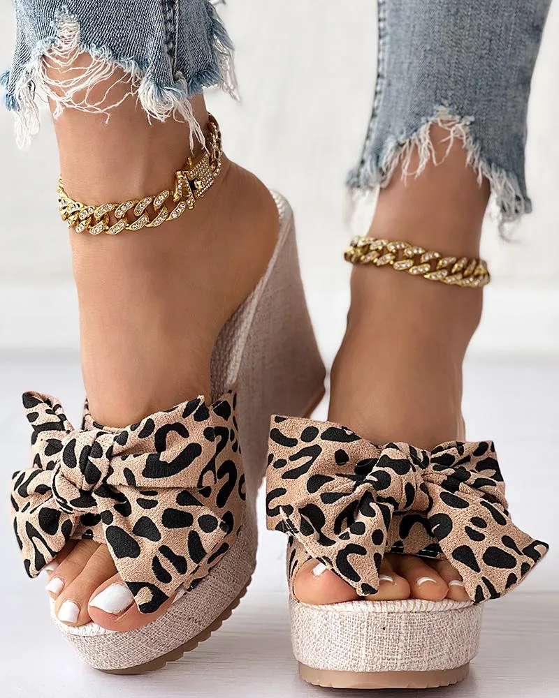 Leopard Bowknot Design Wedge Slippers