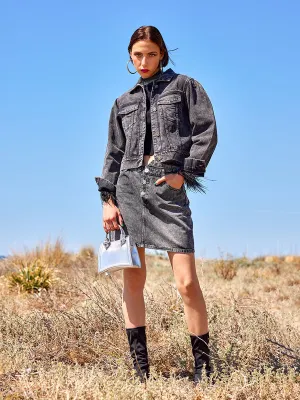 Madame Button Up Pocketed Black Denim Jacket