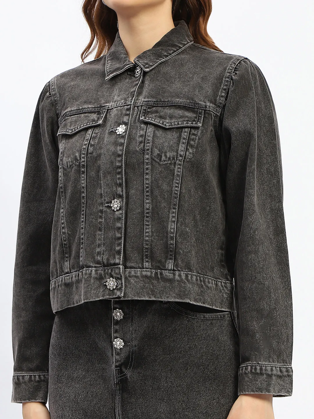Madame Button Up Pocketed Black Denim Jacket