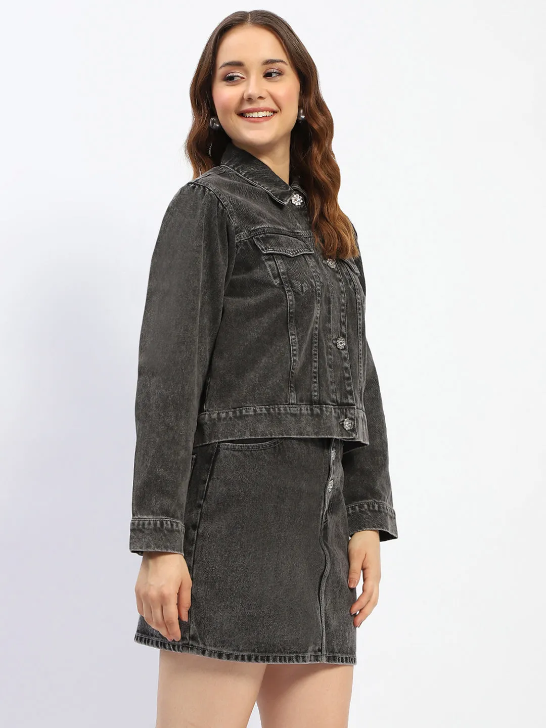 Madame Button Up Pocketed Black Denim Jacket