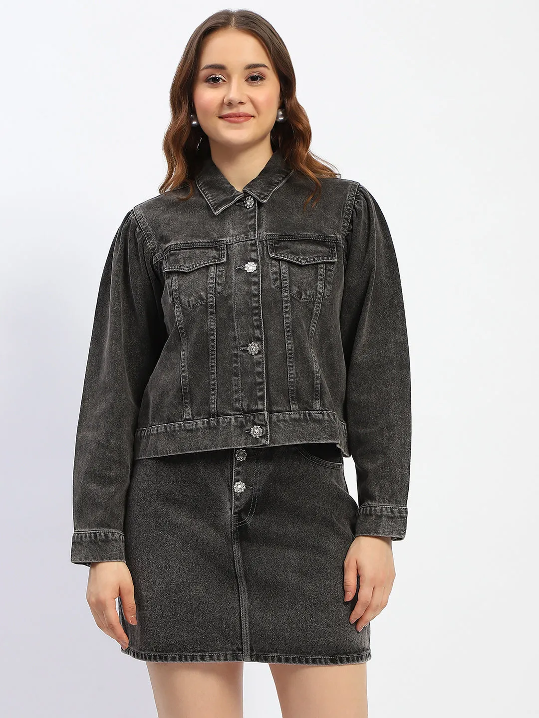 Madame Button Up Pocketed Black Denim Jacket